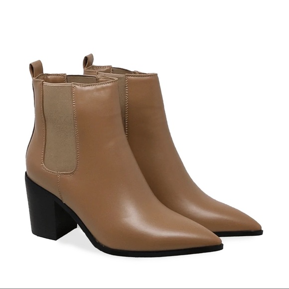 Shoes - Women’s Pointed Toe Chelsea Ankle High Heel Block Boot in Beige Faux Leather